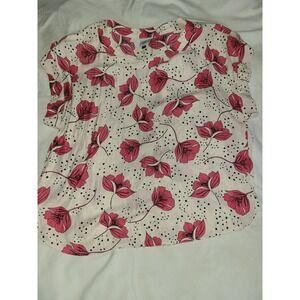 Cabi Floral‎ Boxy Top Size XL Blouse White Pink Short Sleeve Button Cuff